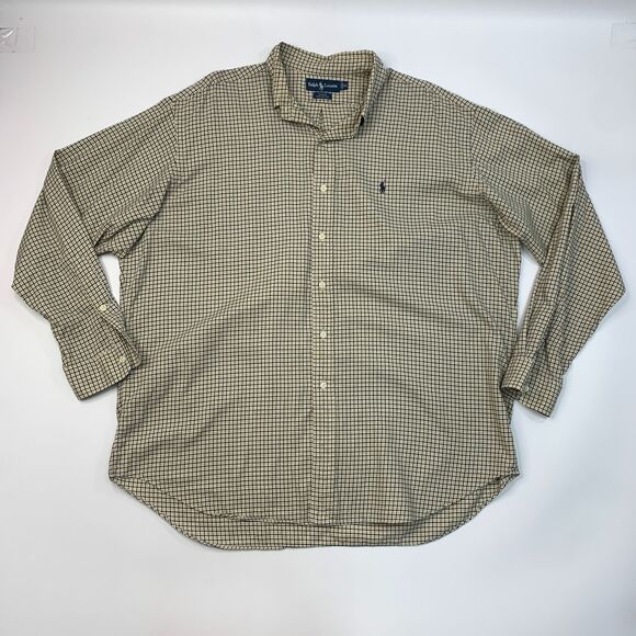 Vintage Ralph Lauren Blake Shirt Mens XL Extra Large Beige Plaid Button Down - Picture 2 of 10
